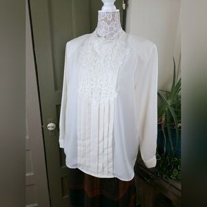 Worthington Women's Vintage Ivory Lace Pleated Long Sleeve Tuxedo Blouse 18W
